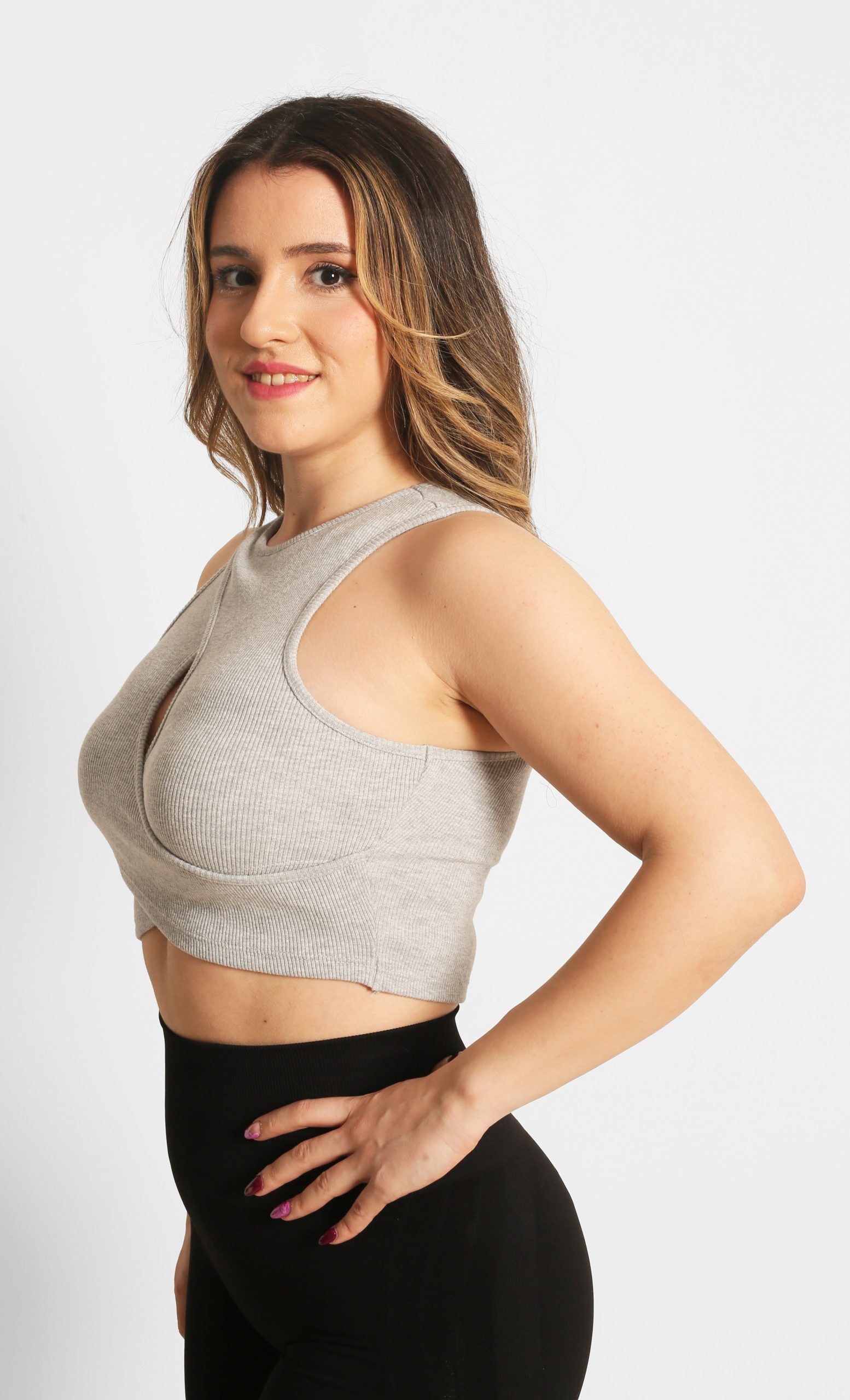 NTB Cleavage Ribbed Top Gray - Görsel 3