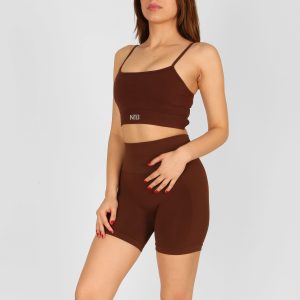 Yüksek Bel Büzgülü Push-Up Spor Şort Kahverengi