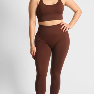Yüksel Bel Dikişsiz ve Büzgüsüz Kalça Toparlayıcı Spor Tayt Kahverengi