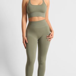 Yüksek Bel Kalça Toparlayıcı Dikişsiz Spor Tayt Haki