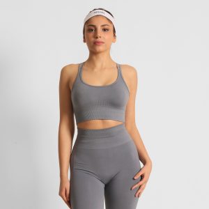 Sırt Dekolteli Çarpaz İpli Dikişsiz Sporcu Sutyeni Gri