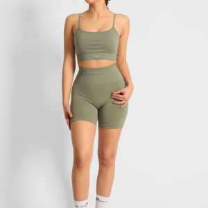 Yüksek Bel Büzgüsüz Push-Up Spor Şort Haki