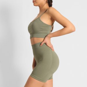 Yüksek Bel Büzgülü Push-Up Spor Şort Haki