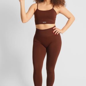 Yüksek Bel Kalça Toparlayıcı Dikişsiz Büzgülü Tayt Kahverengi