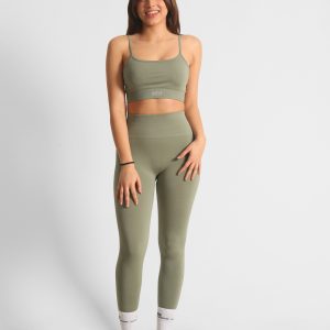 Yüksek Bel Kalça Toparlayıcı Büzgülü ve Dikişsiz Spor Tayt Haki