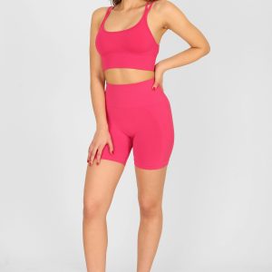 Yüksek Bel Büzgülü Push-Up Spor Şort Pembe