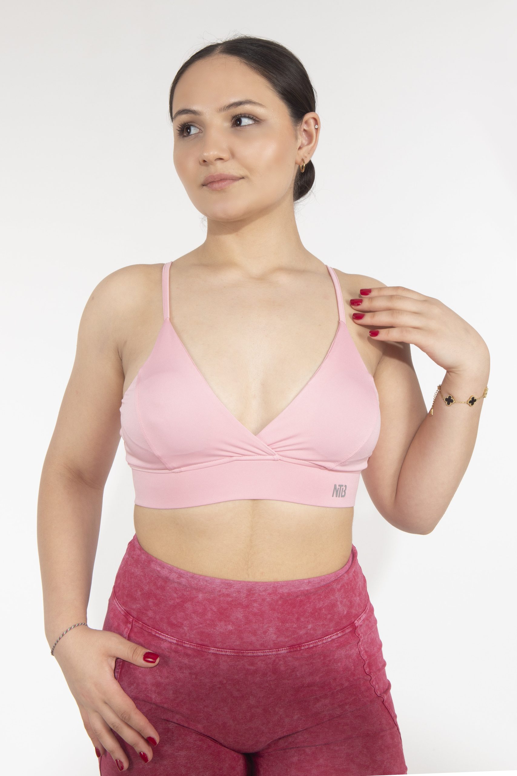 Dikişli Dekolteli Pink Sporcu Bra - Görsel 2