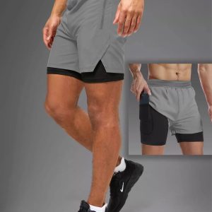 Gray Unisex Gym Ve Fitness Astarlı Taytlı Şort / Gizli Cep Detaylı / Örme Lastikli