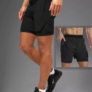 Siyah Unisex Gym Ve Fitness Astarlı Taytlı Şort / Gizli Cep Detaylı / Örme Lastikli